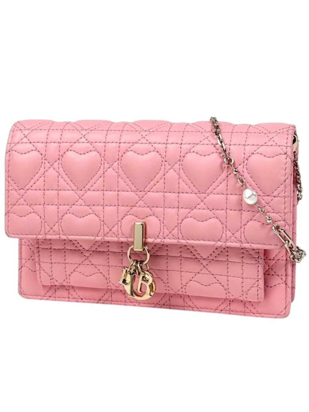 Dior My Daily Chain Wallet Heart Cannage Leather Pink Shoulder Bag